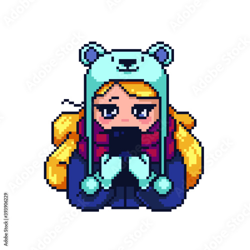 Cute blondy girl with smartphone. Vector pixel art style illustration