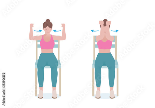 Exercises that can be done at-home using a sturdy chair.
Arms parallel to the floor and your lower arms  Engage your chest and arm muscles and press your forearms together.  with Chest Squeezes.