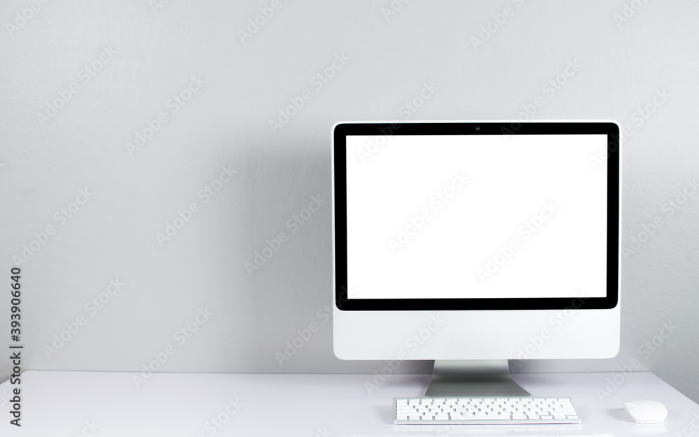 computer isolated on white screen on office style desk.. computer isolated on white screen on office style desk..