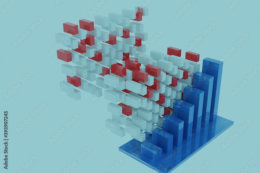 Abstract graph chart in blue and red color of Biotechnology research and vaccine development. Economic crisis after pandemic. Healthcare and medicine concept. Scientific experiment. 3D Rendering.