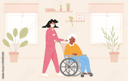 Concept for old age home during pandemic. Nurse wearing face mask with elderly black woman in wheelchair. Residential care facility at nursing home. African american disabled lady at her room. Vector.