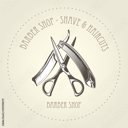Barbershop emblem with old straight razor and scissors overlapping, barber shop logo vector