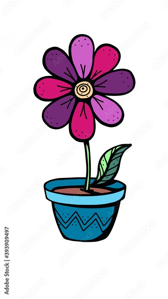 Naklejka premium One bright pink purple flower with 8 petals in a flower pot