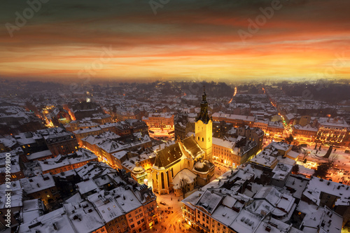 Gorgeus cityscape of winter Lviv city from top of town hall during sunset, Ukraine. Landscape photography