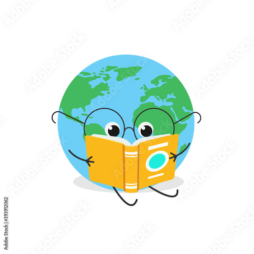 Cute smart globe cartoon reading a book