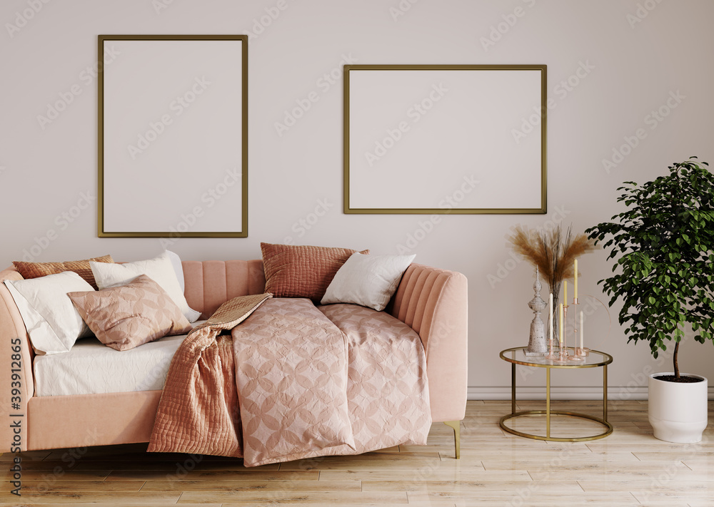Pink sofa in living room interior concept, sofa on wood floor and white wall with mock-up, 3D render - obrazy, fototapety, plakaty 