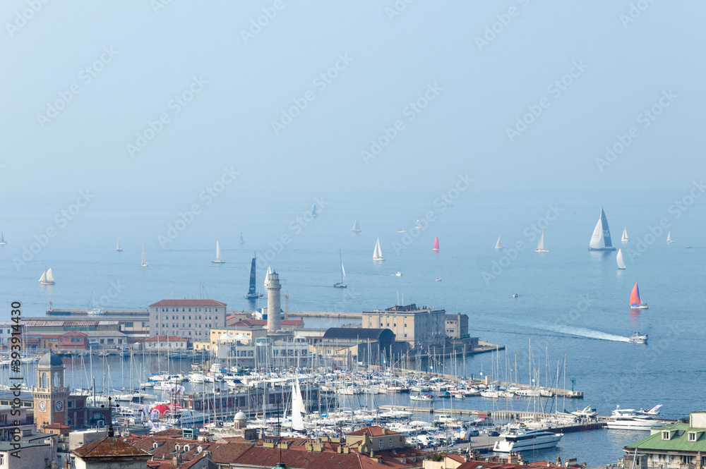 Aerial view of the seafront of Trieste a nice city in Northern Italy during The days of the 