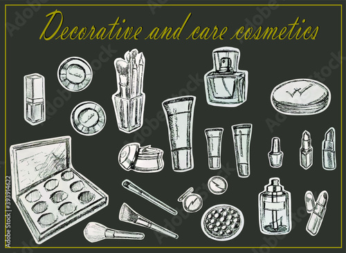 Cosmetic brushes, ball blush, eyeshadow, powder, concealer, lipstick, cream, skin serum, nail polish. Perfume bottle, eau de toilette, fragrance. Beauty shop, beauty box. A set of decorative and care 