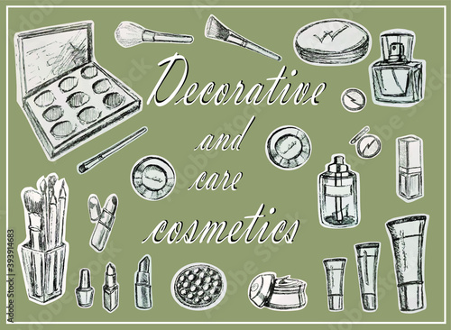 Cosmetic brushes, ball blush, eyeshadow, powder, concealer, lipstick, cream, skin serum, nail polish. Perfume bottle, eau de toilette, fragrance. Beauty shop, beauty box. A set of decorative and care 