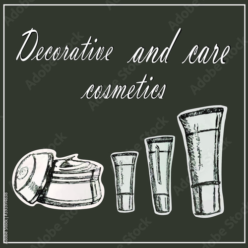 Cosmetic brushes, ball blush, eyeshadow, powder, concealer, lipstick, cream, skin serum, nail polish. Perfume bottle, eau de toilette, fragrance. Beauty shop, beauty box. A set of decorative and care 