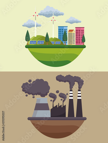 save the world environmental poster with eco city and factory polluting