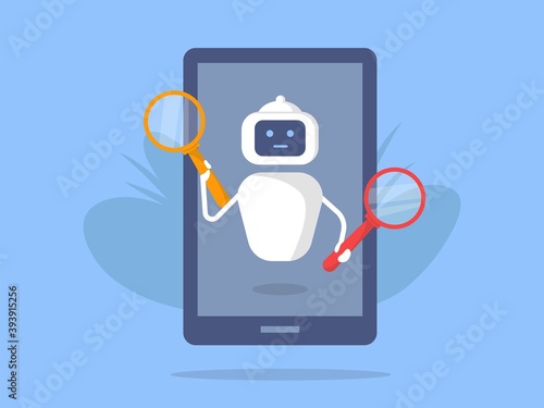 Chatbot search looks into a magnifying glass. Search Engine Optimization bot. Vector cartoon illustration