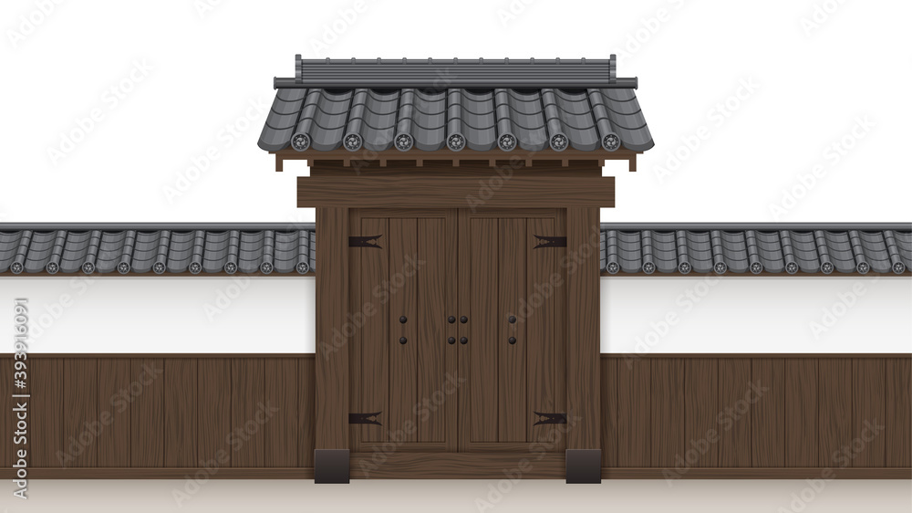 武家屋敷の門と塀の和風イラスト素材 瓦屋根 木 扉 16 9 Stock ベクター Adobe Stock
