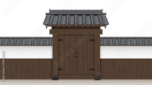 武家屋敷の門と塀の和風イラスト素材_瓦屋根_木_扉_16:9