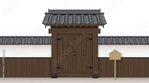 武家屋敷の門と塀の和風イラスト素材_瓦屋根_看板_扉_16:9