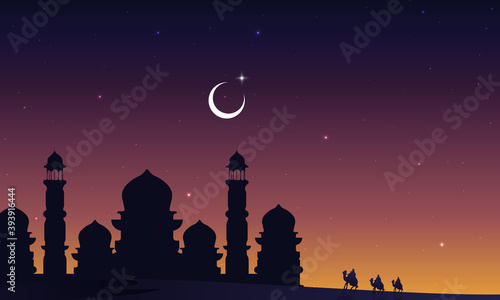 Silhouette of a mosque with arab travelers on camels in the desert, vector art illustration.