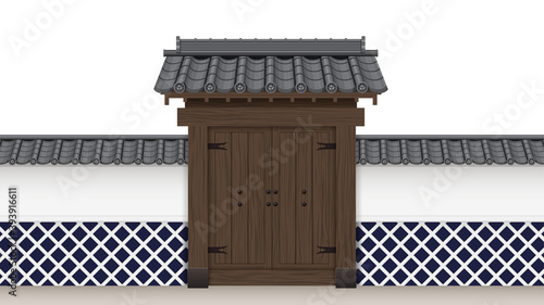 武家屋敷の門と塀の和風イラスト素材_瓦屋根_なまこ壁_扉_16:9