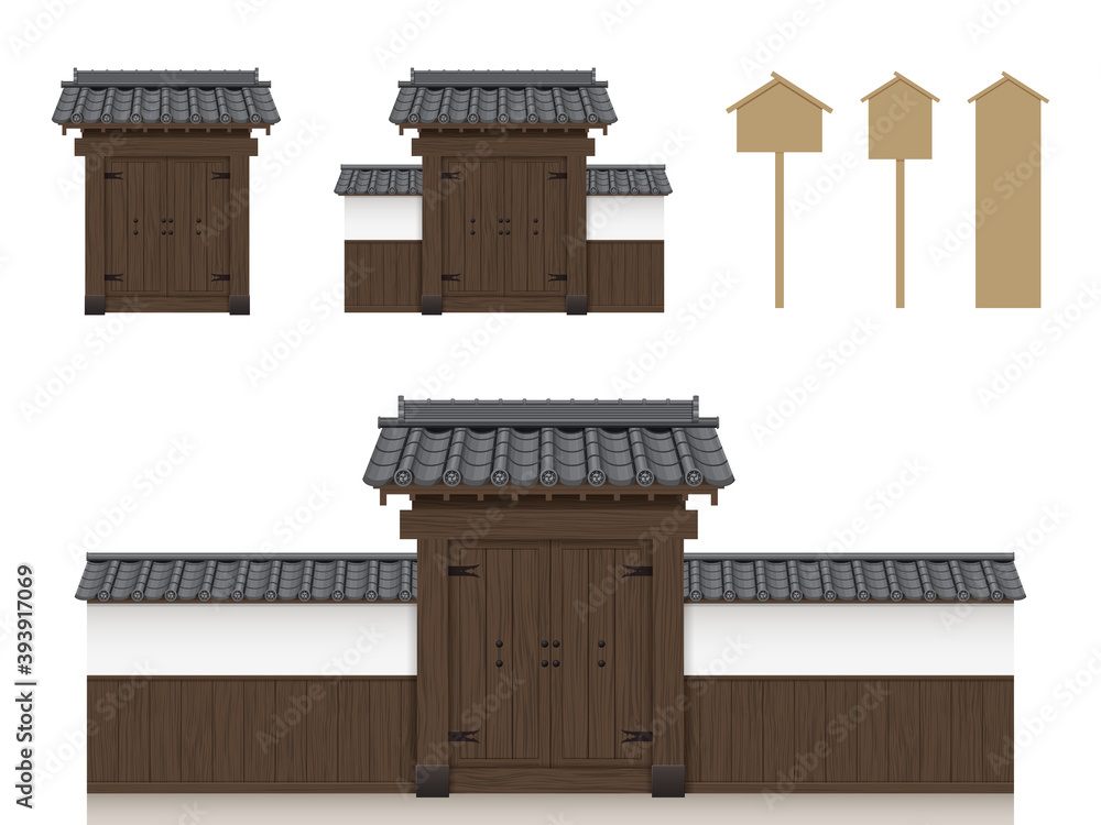 武家屋敷の門と塀の和風イラスト素材 瓦屋根 木 扉 看板 Stock Vector Adobe Stock