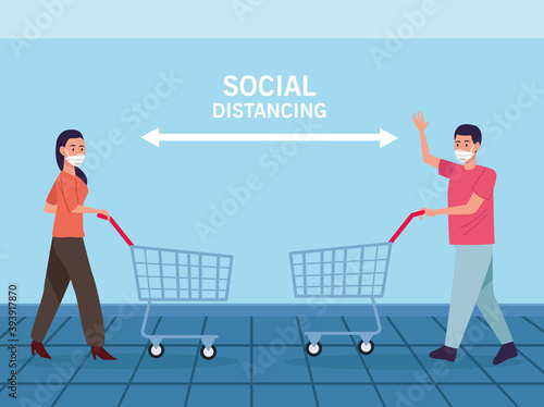 persons couple wearing medical mask with social distance in super market
