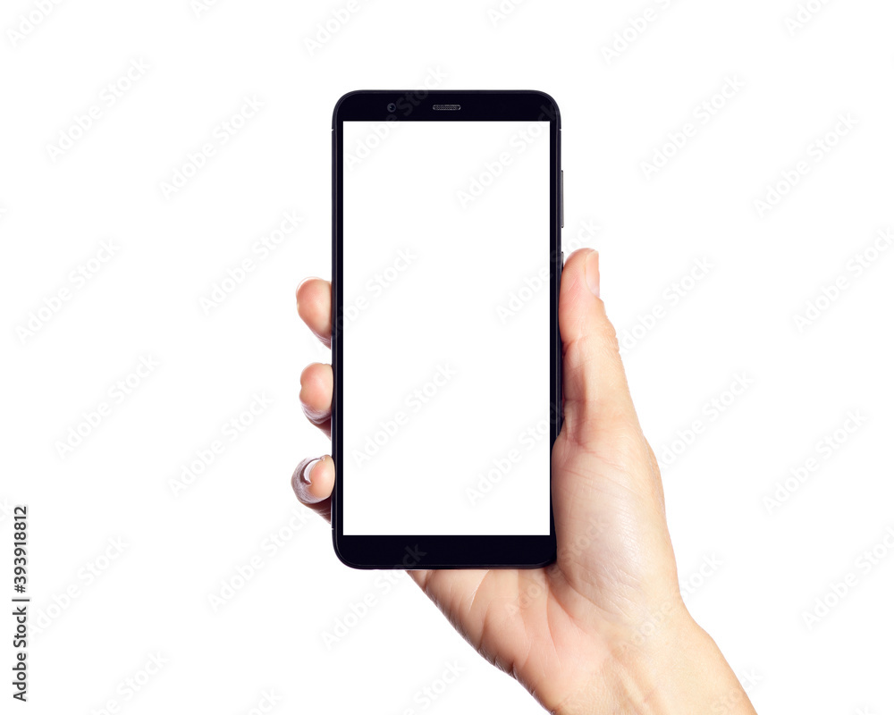 Hand Holding a Blank Smartphone Against a White Background Hand Holding a Blank Smartphone Against a White Background