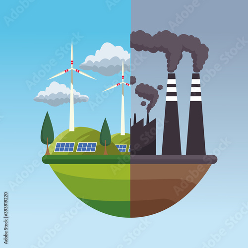 save the world environmental poster with eco city and factory polluting scenes