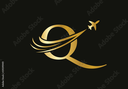Air Travel Logo Design with Q letter. Q letter Concept air plane and travel logo.
