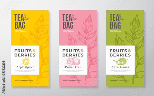 Exotic Fruits Tea Labels Set. Vector Packaging Design Layouts Bundle. Modern Typography, Hand Drawn Tea Leaves, Quince, Passion Fruit and Durian Silhouettes Background. Beverage Banners. Isolated