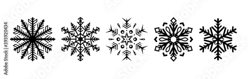 Set Snowflake icon. Christmas and winter theme. Snowflake Winter poster, digital illustration. Black snowflakes on white background. For Art, Print, Web design. Christmas Holiday banner.