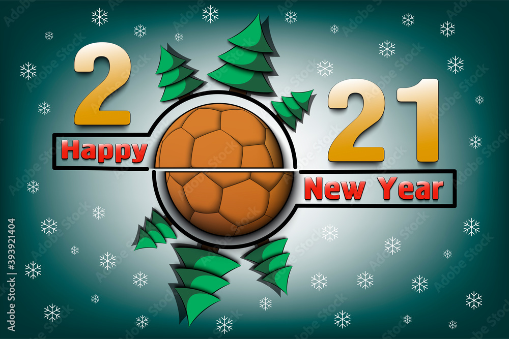 Happy new year 2021 and handball ball with Christmas trees on an snowflakes background. Creative design pattern for greeting card, banner, poster, flyer, party invitation. Vector illustration