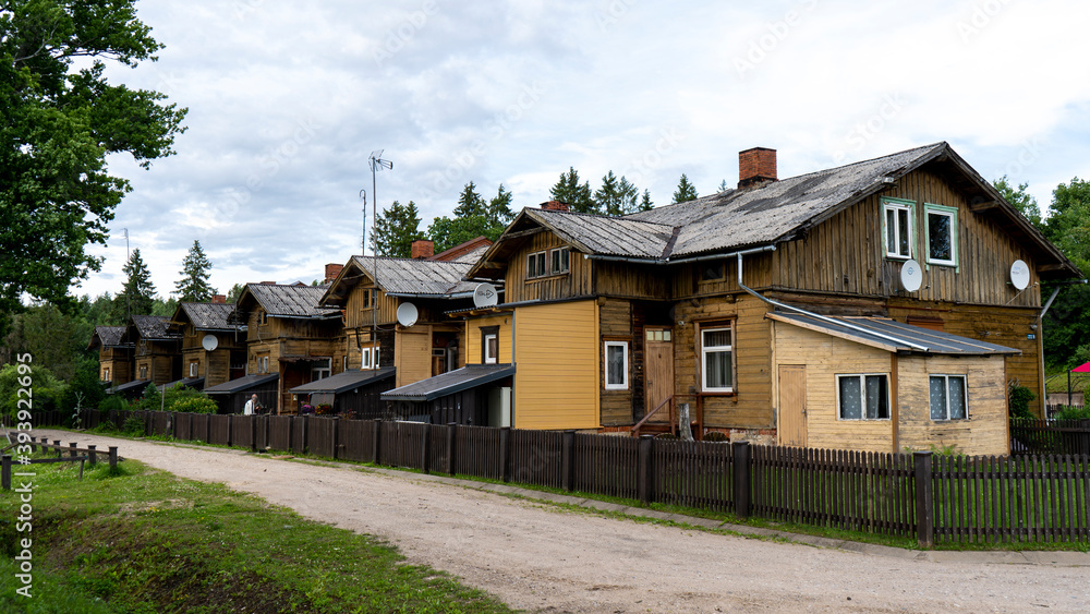 Old Wooden Houses Built for Paper Mill Workers in Ligatne. Wooden Row House