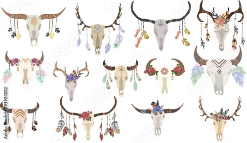 Boho skull Vector set of hand drawn skulls