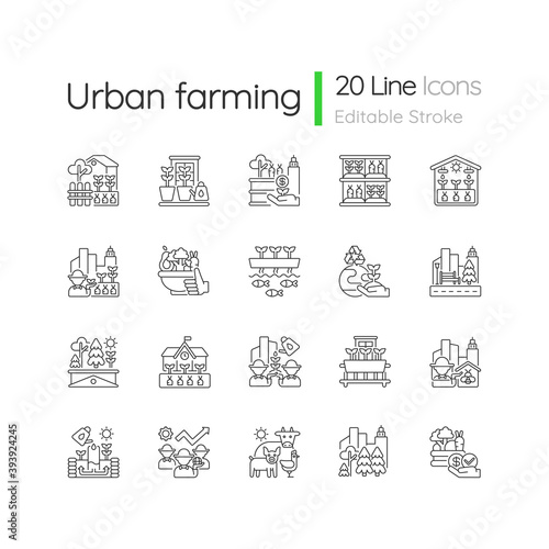 Urban farming linear icons set. Backyard garden. Environmental improvement. Street landscaping. Customizable thin line contour symbols. Isolated vector outline illustrations. Editable stroke