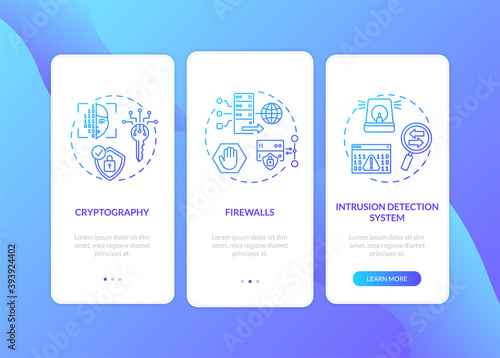 Cybersecurity measures onboarding mobile app page screen with concepts. Firewall, intrusion detection walkthrough 3 steps graphic instructions. UI vector template with RGB color illustrations