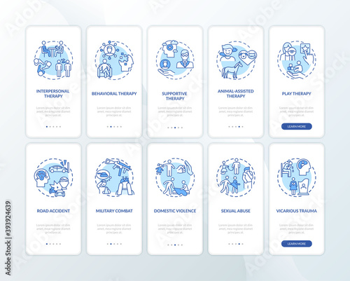 Psychotherapy types and PTSD reasons onboarding mobile app page screen with concepts set. Trauma therapy walkthrough 5 steps graphic instructions. UI vector template with RGB color illustrations