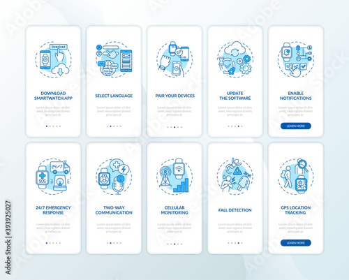 Smart watch setup advices onboarding mobile app page screen with concepts set. Health tracking walkthrough 5 steps graphic instructions. UI vector template with RGB color illustrations