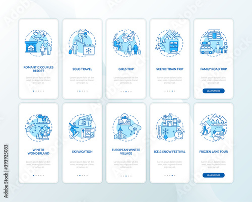 Winter vacation ideas and places onboarding mobile app page screen with concepts set. Girls-only, ski vacation walkthrough 5 steps graphic instructions. UI vector template with RGB color illustrations