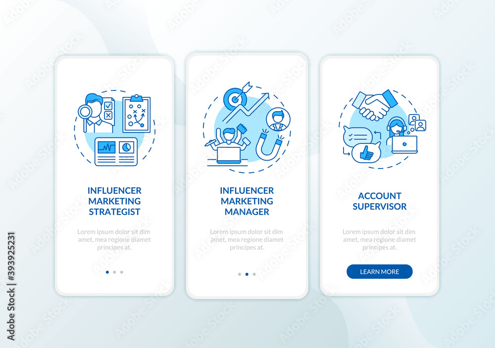 Influencer marketing jobs onboarding mobile app page screen with concepts. Marketing strategist, supervisor walkthrough 3 steps graphic instructions. UI vector template with RGB color illustrations Influencer marketing jobs onboarding mobile app page screen with concepts. Marketing strategist, supervisor walkthrough 3 steps graphic instructions. UI vector template with RGB color illustrations