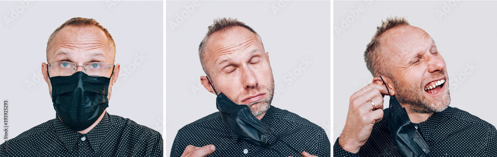 Obraz premium Collage Portraits of tired man removing off a black facial mask during a COVID-19 world pandemic looking at camera in misted glasses. Self-protection and stop virus spreading measures concept image