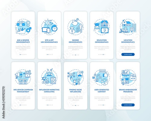 Audience insight onboarding mobile app page screen with concepts set. Influencer marketing services walkthrough 5 steps graphic instructions. UI vector template with RGB color illustrations