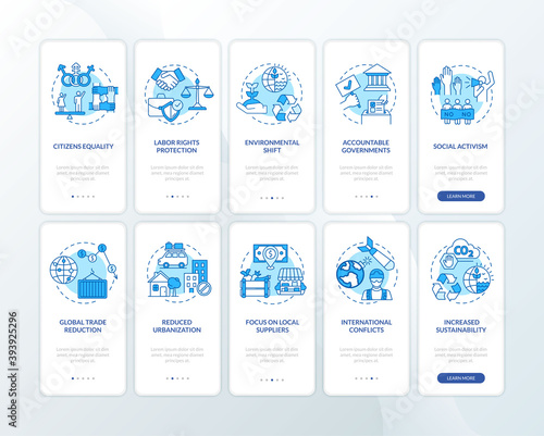 Social change advantages onboarding mobile app page screen with concepts set. Citizens equality, urbanization walkthrough 5 steps graphic instructions. UI vector template with RGB color illustrations