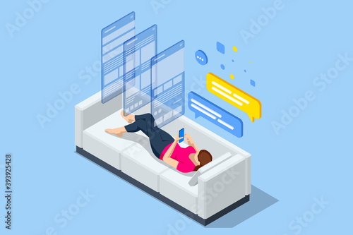 Isometric relaxed woman on the couch at home, she is using a smartphone and texting. Communication in social networks, chatting and texting