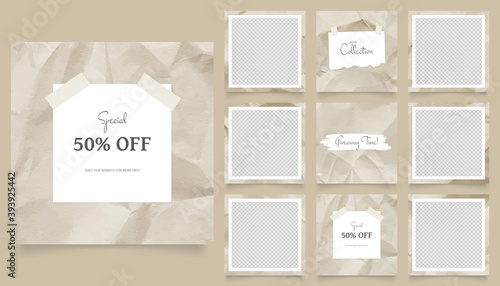 social media template banner fashion sale promotion. fully editable instagram and facebook square post frame puzzle organic sale poster. khaki beige brown color paper texture vector background
