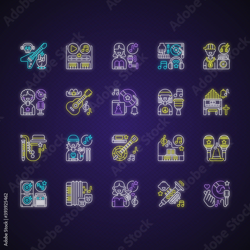 Musical genresneon light icons set. Heavy metal songs. Different culture. Latin party. Singers and musical instruments. Signs with outer glowing effect. Vector isolated RGB color illustrations