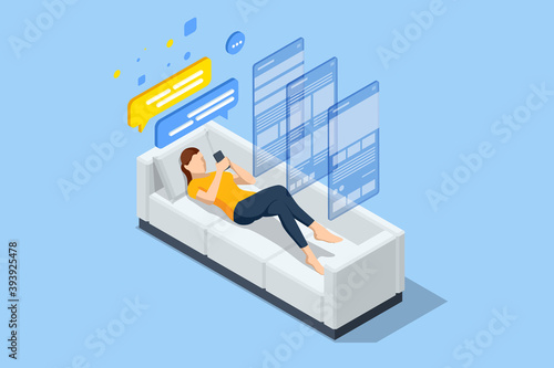 Isometric relaxed woman on the couch at home, she is using a smartphone and texting. Communication in social networks, chatting and texting