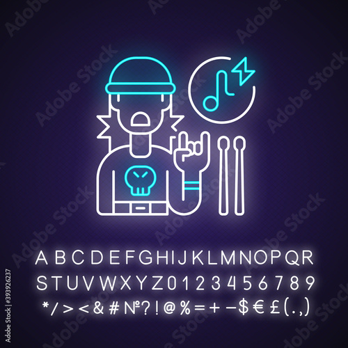 Rock music neon light icon. Drumer boy in sweatshirt with skull. Wooden drum sticks. Outer glowing effect. Sign with alphabet, numbers and symbols. Vector isolated RGB color illustration