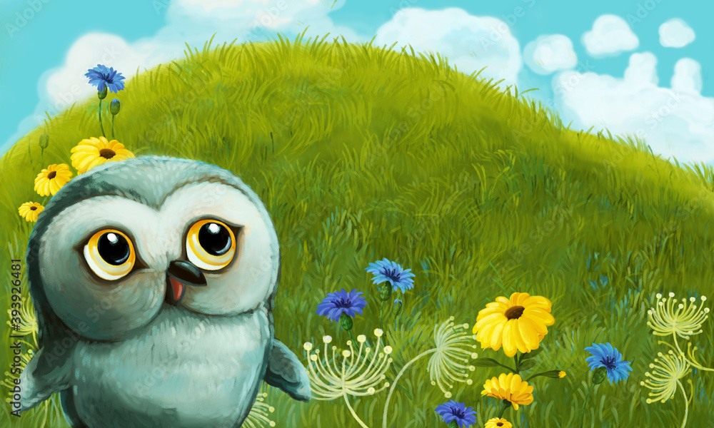 cartoon scene with animal bird owl on the meadow - illustration Stock ...