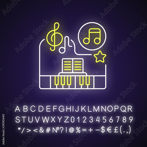 Classical music neon light icon. Piano keys. Note copybook. Song notes. Calm music types. Outer glowing effect. Sign with alphabet, numbers and symbols. Vector isolated RGB color illustration