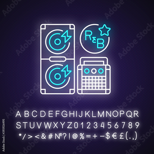 Rhythm and blues neon light icon. Huge loudspeaker. Song tune instructions. Modern musical genres. Outer glowing effect. Sign with alphabet, numbers and symbols. Vector isolated RGB color illustration