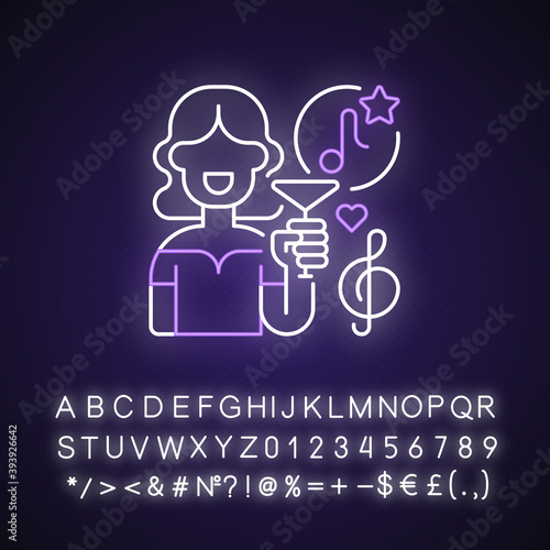 Lounge music neon light icon. Different musical events. Woman with cocktail in hand. Music tone. Outer glowing effect. Sign with alphabet, numbers and symbols. Vector isolated RGB color illustration