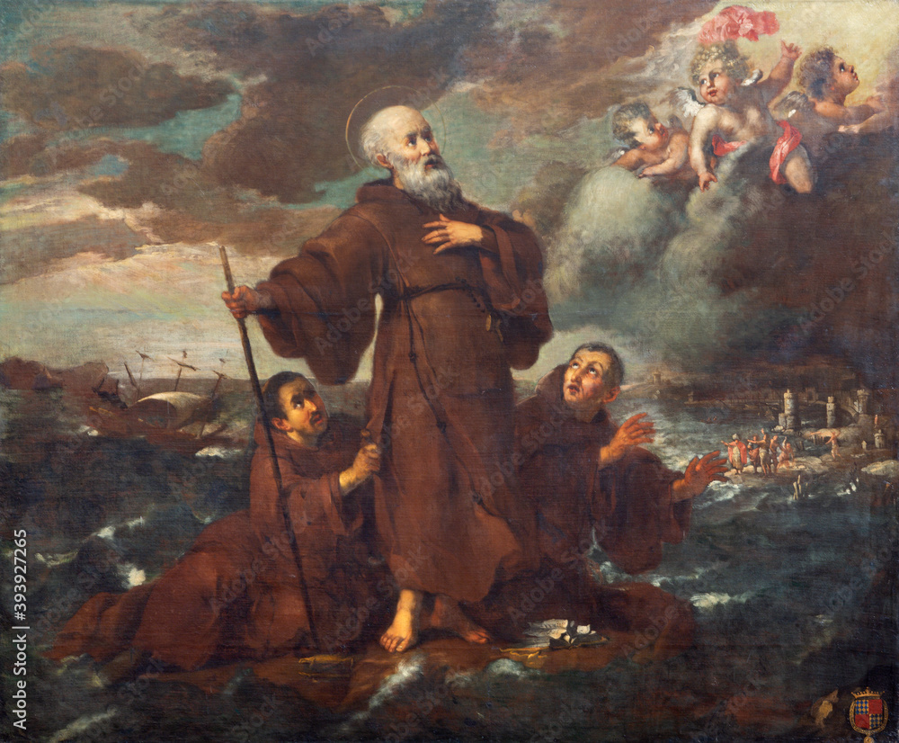 TURIN, ITALY - MARCH 15, 2017: The painting Saint Francis of Paola and cross the strait to Messina on his cloak in church Chiesa di San Francesco da Paola by Charles-Claude Dauphin (1615 – 1677)